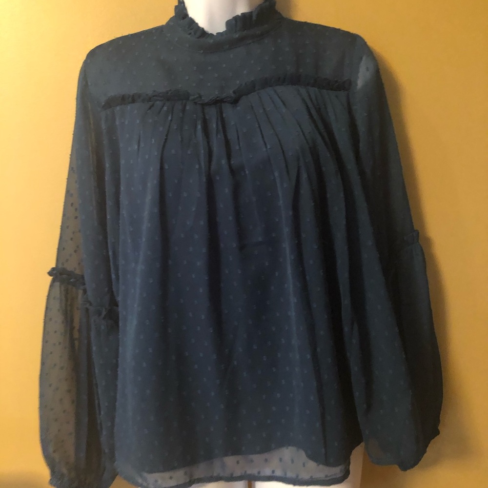 Ruffled teal blue blouse / neck and sleeve details